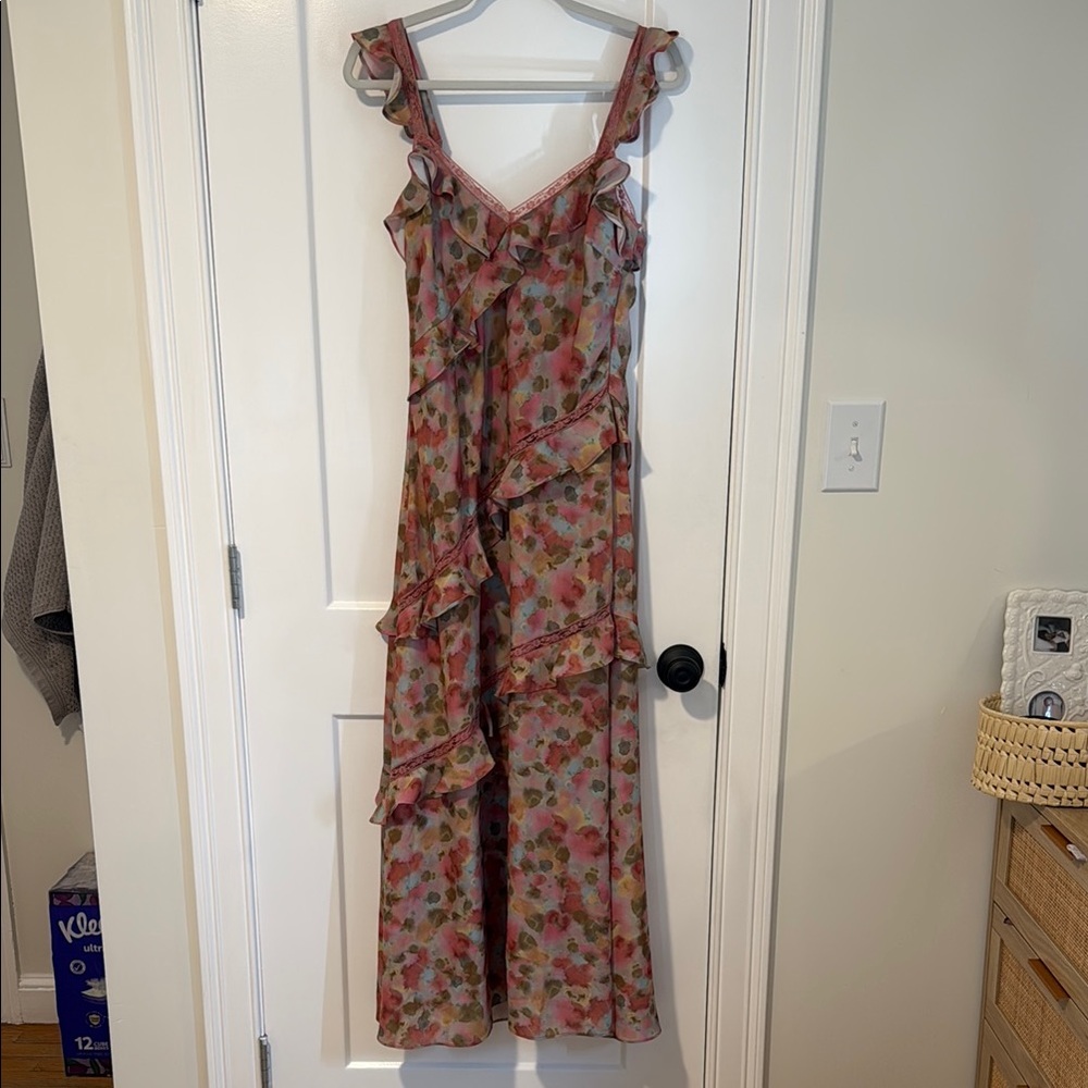 Steve Madden Floral Ruffle Maxi Dress in Blush and Green